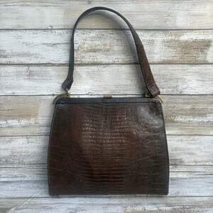 VTG Reptile Exotic Handbag Purse Retro MCM Brown Kiss Lock Coin Pouch Framed